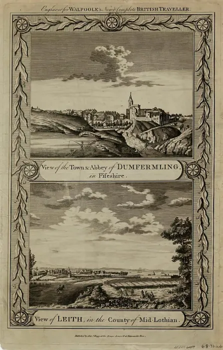 Framed Print : View of the Abbey and Town of Dunfermline and View of Leith. Creator: Alexander Hogg Framed Print : View of the Abbey and Town of Dunfermline and View of Leith. Creator: Alexander Hogg