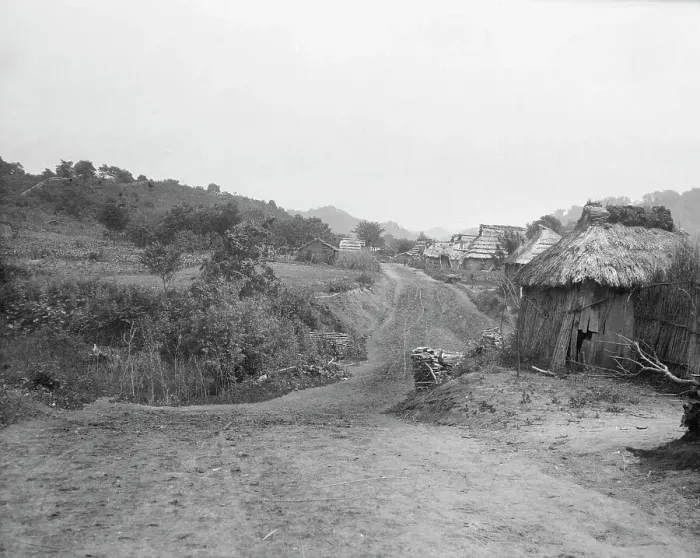 Framed Print : View of Ainu village, 1908. Creator: Arnold Genthe Framed Print : View of Ainu village, 1908. Creator: Arnold Genthe
