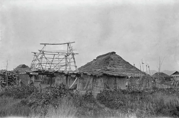 Framed Print : View of Ainu village, 1908. Creator: Arnold Genthe Framed Print : View of Ainu village, 1908. Creator: Arnold Genthe