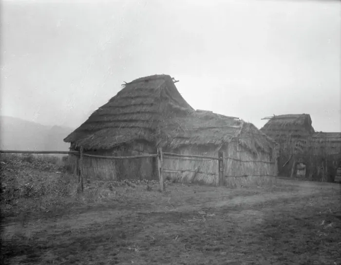 Framed Print : View of Ainu village, 1908. Creator: Arnold Genthe Framed Print : View of Ainu village, 1908. Creator: Arnold Genthe