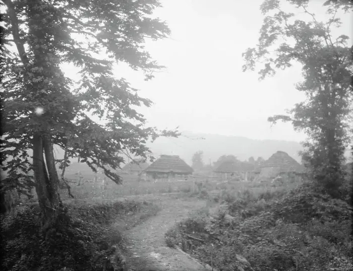 Framed Print : View of Ainu village beyond trees, 1908. Creator: Arnold Genthe Framed Print : View of Ainu village beyond trees, 1908. Creator: Arnold Genthe