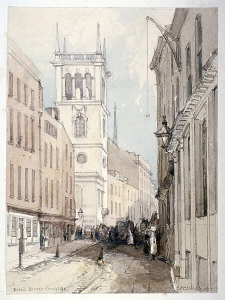 View of All Hallows Church, buildings and figures on Bread Street, City of London, 1851