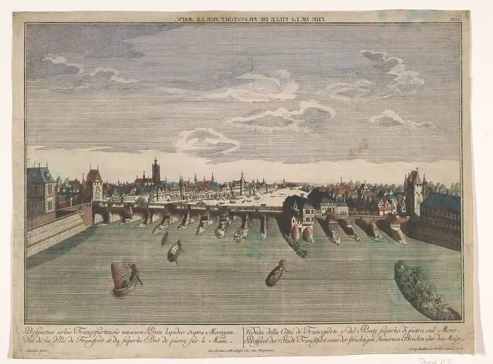 Framed Print : View of the Alte Brücke over the river Main in Frankfurt am Main, 1742-1801. Creator: Anon Framed Print : View of the Alte Brücke over the river Main in Frankfurt am Main, 1742-1801. Creator: Anon