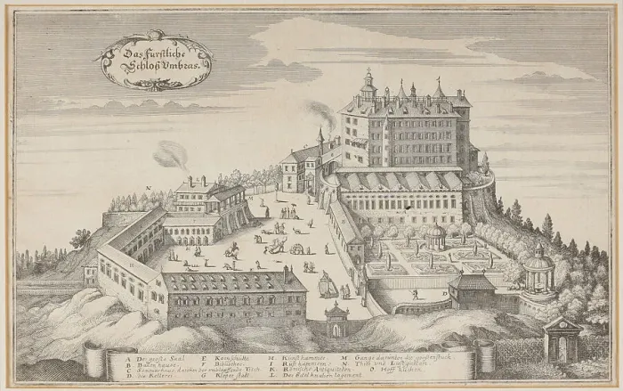 Framed Print : View of the Ambras Castle near Innsbruck in Tyrol, from: Topographia Provinciarum Austria... 1649. Creator: Merian; Matthäus; the Elder (1593-1650) Framed Print : View of the Ambras Castle near Innsbruck in Tyrol, from: Topographia Provinciarum Austria... 1649. Creator: Merian; Matthäus; the Elder (1593-1650)