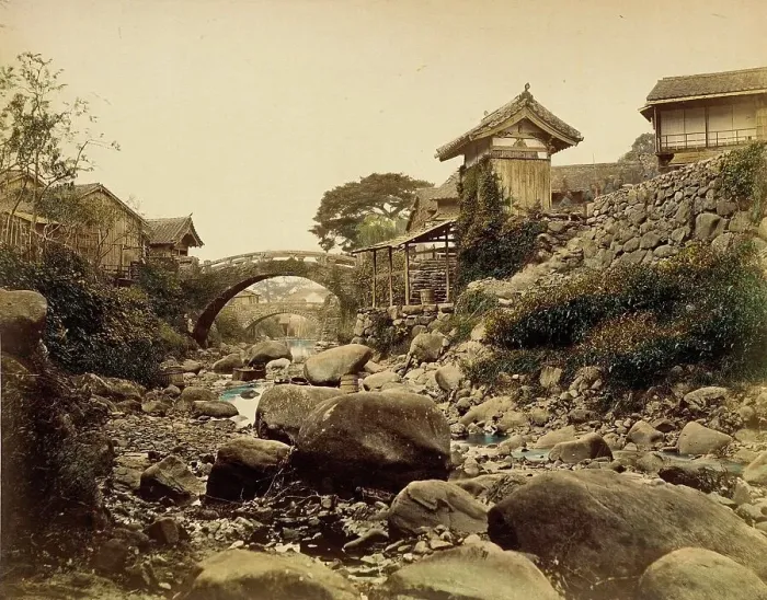 Framed Print : View on Amidabashi (Amida Bridge) over Nagasaki's Zeniyagawa (Zeniya River... 1865. Creator: Unknown) Framed Print : View on Amidabashi (Amida Bridge) over Nagasaki's Zeniyagawa (Zeniya River... 1865. Creator: Unknown)