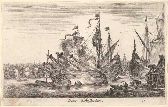 Framed Print : View of the Amsterdam seaport (Veue d Amsterdam), men in rowboats work on a ship in Framed Print : View of the Amsterdam seaport (Veue d Amsterdam), men in rowboats work on a ship in