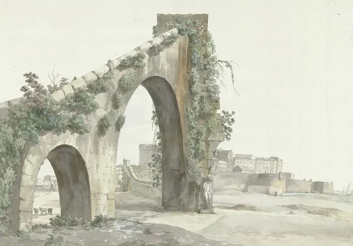 Framed Print : View of Aqueduct and the city of Taranto, 1778. Creator: Louis Ducros Framed Print : View of Aqueduct and the city of Taranto, 1778. Creator: Louis Ducros