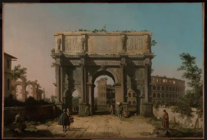 Framed Print : View of the Arch of Constantine with the Colosseum, 1742-1745. Artist: Canaletto (1697-1768) Framed Print : View of the Arch of Constantine with the Colosseum, 1742-1745. Artist: Canaletto (1697-1768)