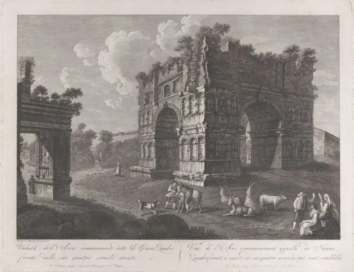 Framed Print : View of the Arch of Janus, with shepherds and goats in the foreground, 1795-1800 Framed Print : View of the Arch of Janus, with shepherds and goats in the foreground, 1795-1800