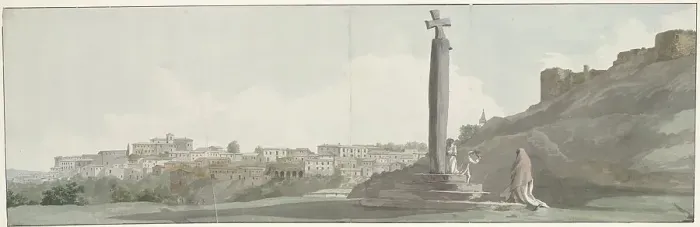 Framed Print : View of Ariano and monument, known as Altar of Janus, 1778. Creator: Louis Ducros