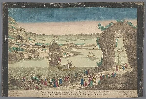 View of arrival of the French in the port of Cayenne to establish a new settlement. 1762. Creator: Anon