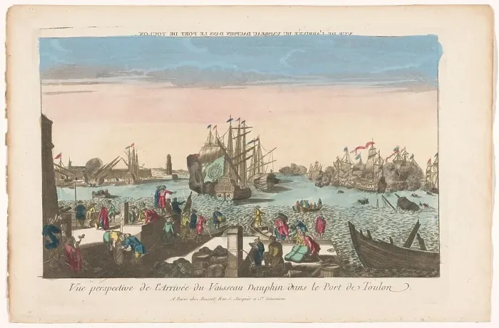 Framed Print : View of the arrival of the ship Dauphin in the port of Toulon, 1700-1799. Creator: Anon Framed Print : View of the arrival of the ship Dauphin in the port of Toulon, 1700-1799. Creator: Anon