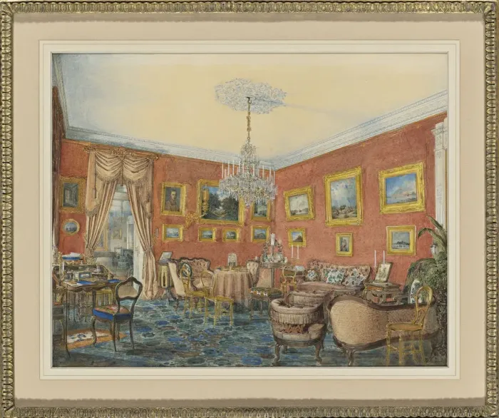 Framed Print : View of the artists drawing room in his townhouse by the Neva in St. Petersburg, 1859. Artist: Hau, Eduard (1807-1887) Framed Print : View of the artists drawing room in his townhouse by the Neva in St. Petersburg, 1859. Artist: Hau, Eduard (1807-1887)
