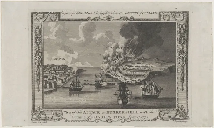 Framed Print : View of the Attack on Bunkers Hill, with the Burning of Charles Town, June 17, 1775, 1781-1783. Creator: John Lodge Framed Print : View of the Attack on Bunkers Hill, with the Burning of Charles Town, June 17, 1775, 1781-1783. Creator: John Lodge