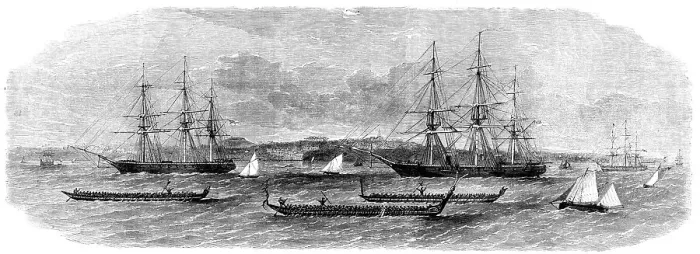 Framed Print : View of Auckland Harbour, New Zealand...the race of the Maori war-canoes, 1862. Creator: Unknown Framed Print : View of Auckland Harbour, New Zealand...the race of the Maori war-canoes, 1862. Creator: Unknown