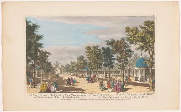 Framed Print : View of an Avenue with a Triumphal Arch in Vauxhall Gardens in London, 1751. Creator: John Miller Framed Print : View of an Avenue with a Triumphal Arch in Vauxhall Gardens in London, 1751. Creator: John Miller