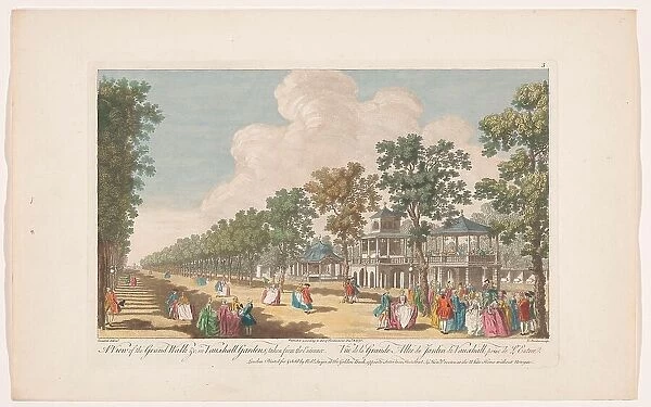 View of an avenue in Vauxhall Gardens in London, seen from the entrance, 1751. Creator: Edward Rooker