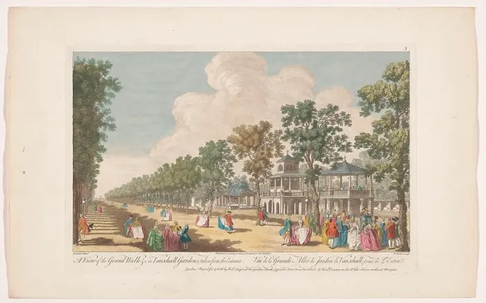 Framed Print : View of an avenue in Vauxhall Gardens in London, seen from the entrance, 1751. Creator: Edward Rooker Framed Print : View of an avenue in Vauxhall Gardens in London, seen from the entrance, 1751. Creator: Edward Rooker