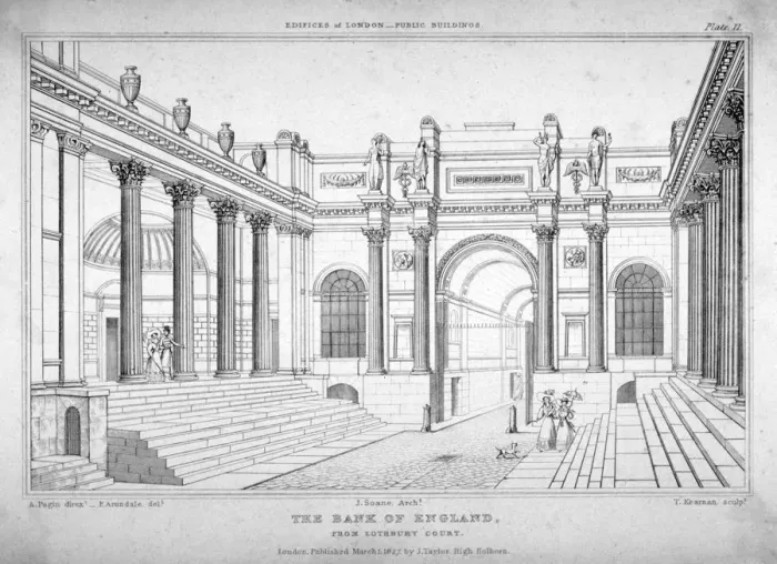Framed Print : View of the Bank of England from Lothbury court, City of London, 1827. Artist Framed Print : View of the Bank of England from Lothbury court, City of London, 1827. Artist