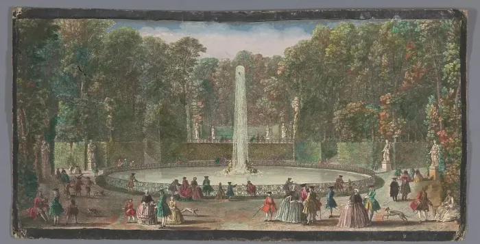 Framed Print : View of the Bassin des Muses in the garden of the Château de Marly, 1700-1799. Creators: Anon, Jacques Rigaud Framed Print : View of the Bassin des Muses in the garden of the Château de Marly, 1700-1799. Creators: Anon, Jacques Rigaud
