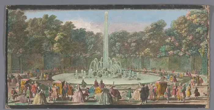 Framed Print : View of the Bassin de l'Enscelade in the garden of Versailles, 1700-1799. Creators: Anon, Jacques Rigaud Framed Print : View of the Bassin de l'Enscelade in the garden of Versailles, 1700-1799. Creators: Anon, Jacques Rigaud