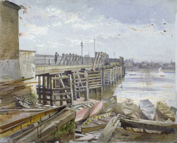 Framed Print : View of Battersea Bridge looking across the River Thames, London, 1885 Framed Print : View of Battersea Bridge looking across the River Thames, London, 1885