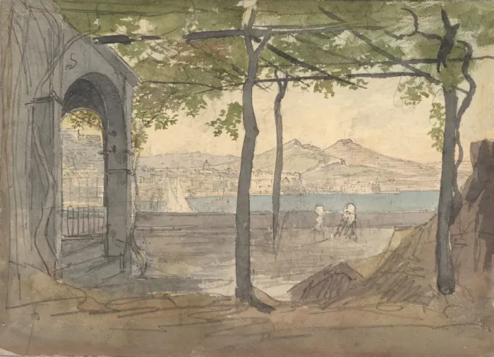 Framed Print : View of the Bay of Naples with Mount Vesuvius, early 19th century. Creator: Anon Framed Print : View of the Bay of Naples with Mount Vesuvius, early 19th century. Creator: Anon