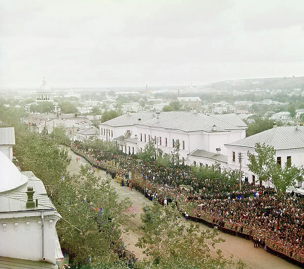 View from the bell tower of the Trinity cathedral (of the Trinity Monastery) on Cathedral..., 1911. Creator: Sergey Mikhaylovich Prokudin-Gorsky