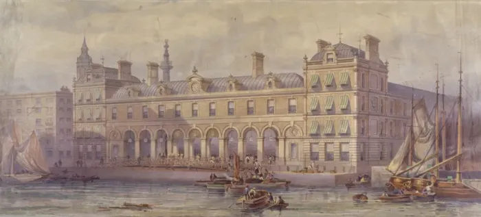 Framed Print : View of Billingsgate Market with figures and boats in the foreground, London, 1877 Framed Print : View of Billingsgate Market with figures and boats in the foreground, London, 1877