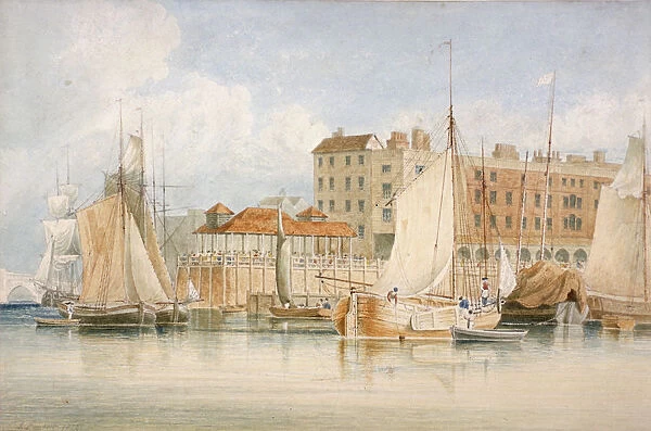 View of Billingsgate Wharf and market with vessels and people, City of London, 1824