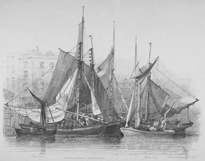 Framed Print : View of Billingsgate wharf with oyster boats, City of London, 1830 Framed Print : View of Billingsgate wharf with oyster boats, City of London, 1830