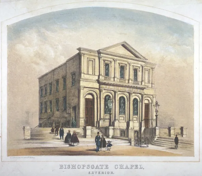 Framed Print : View of Bishopsgate Congregational Chapel, Bishopsgate, City of London, 1855. Artist Framed Print : View of Bishopsgate Congregational Chapel, Bishopsgate, City of London, 1855. Artist