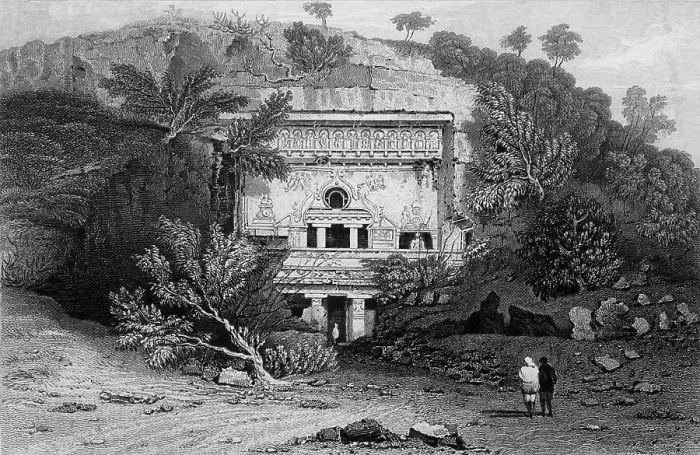 Framed Print : Front View of the Bisma Kurm, Caves of Ellora, 1834. Creator: George Cattermole Framed Print : Front View of the Bisma Kurm, Caves of Ellora, 1834. Creator: George Cattermole