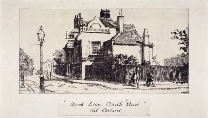 Framed Print : View of the Black Lion Inn, London, 1860. Artist: Walter Greaves Framed Print : View of the Black Lion Inn, London, 1860. Artist: Walter Greaves
