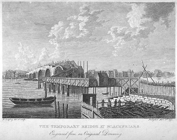 View of Blackfriars Bridge under construction, London, c1762 (1775). Artist: RB Godfrey