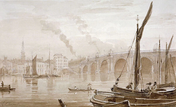 View of Blackfriars Bridge from the Surrey shore, with boats in the foreground, London, c1825