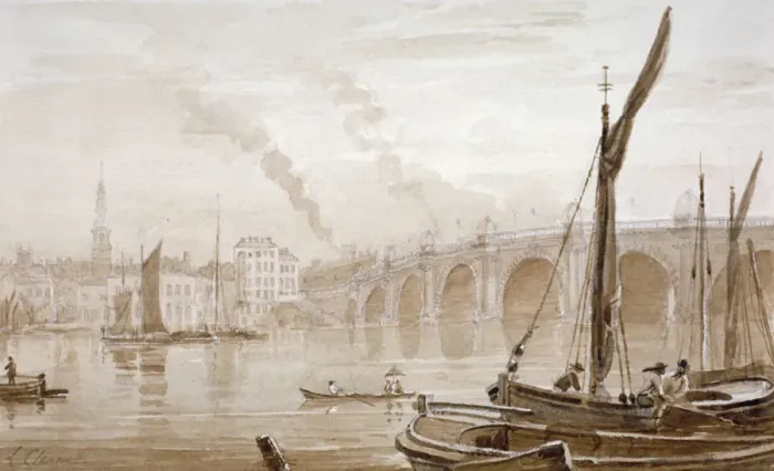 Framed Print : View of Blackfriars Bridge from the Surrey shore, with boats in the foreground, London, c1825 Framed Print : View of Blackfriars Bridge from the Surrey shore, with boats in the foreground, London, c1825