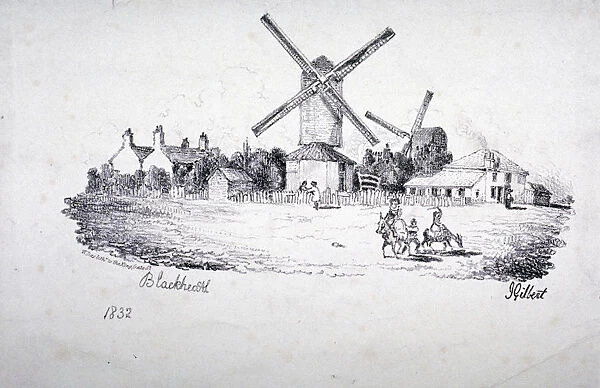 View of Blackheath, showing windmills and buildings, Greenwich, London, 1832. Artist
