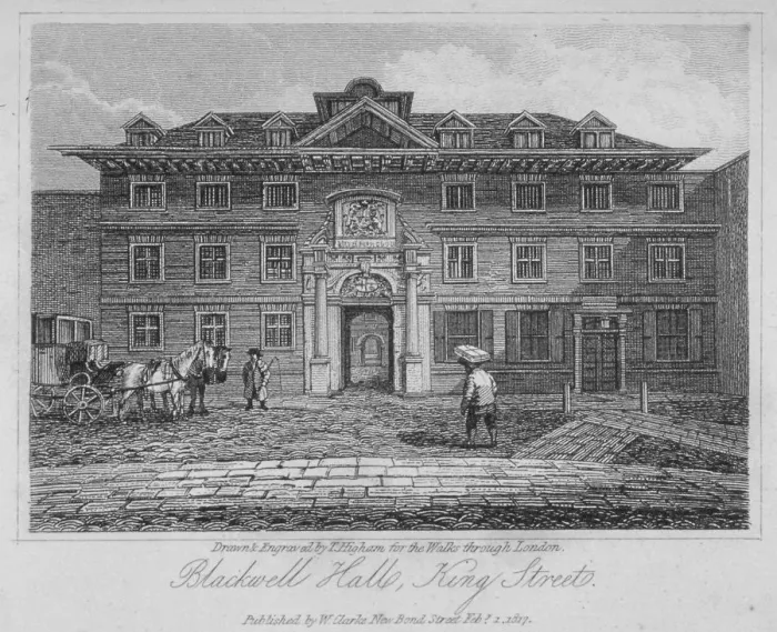 Framed Print : View of Blackwell Hall on King Street with carriage and figures, City of London, 1817 Framed Print : View of Blackwell Hall on King Street with carriage and figures, City of London, 1817
