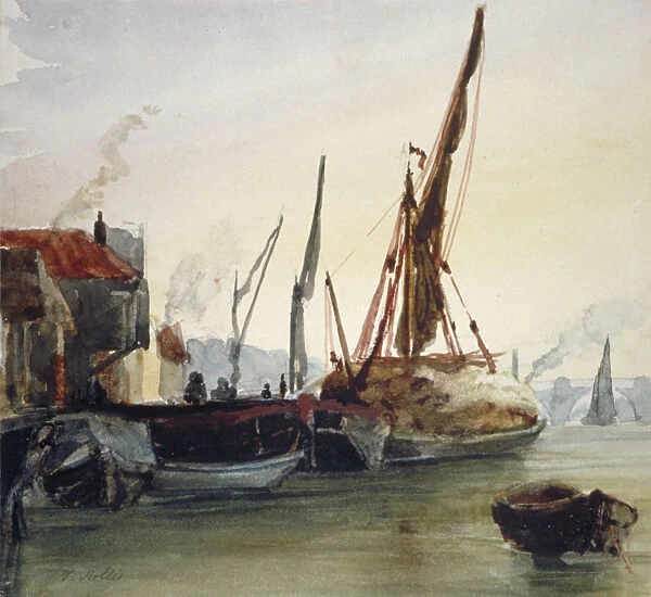 View of boats moored on the River Thames at Bankside, Southwark, London, c1830