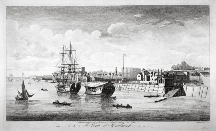 Framed Print : View of boats on the River Thames near Woolwich, Kent, 1750. Artist: John Boydell Framed Print : View of boats on the River Thames near Woolwich, Kent, 1750. Artist: John Boydell