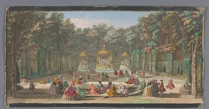 Framed Print : View of the Bosquet des Bains d'Apollon in the garden of Versailles, c.1691-after 1753. Creator: Jacques Rigaud Framed Print : View of the Bosquet des Bains d'Apollon in the garden of Versailles, c.1691-after 1753. Creator: Jacques Rigaud