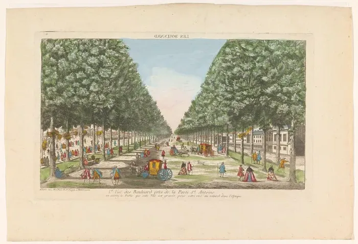 Framed Print : View of a boulevard in Paris seen from the Porte Saint-Antoine, 1759-c.1796. Creators: Louis-Joseph Mondhare, Anon Framed Print : View of a boulevard in Paris seen from the Porte Saint-Antoine, 1759-c.1796. Creators: Louis-Joseph Mondhare, Anon