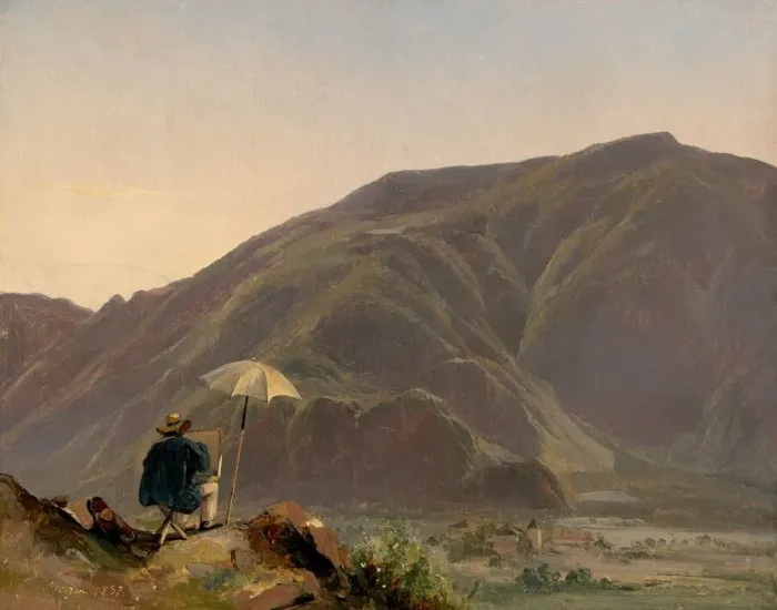 Framed Print : View of Bozen with a Painter, 1837. Creator: Jules Coignet Framed Print : View of Bozen with a Painter, 1837. Creator: Jules Coignet