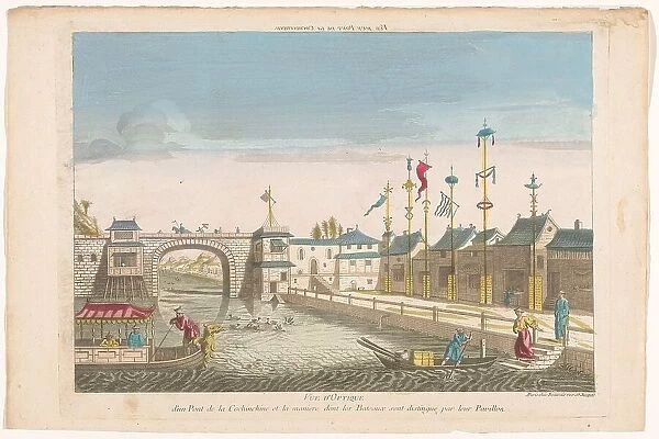 View of a bridge and a row of flags of different boats in Cochin-China, 1700-1799. Creator: Anon