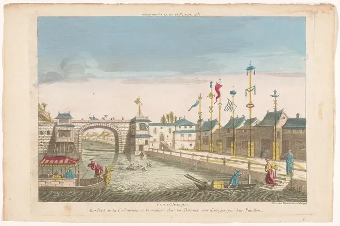 Framed Print : View of a bridge and a row of flags of different boats in Cochin-China, 1700-1799. Creator: Anon Framed Print : View of a bridge and a row of flags of different boats in Cochin-China, 1700-1799. Creator: Anon