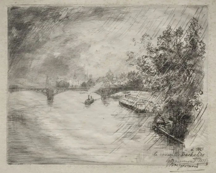 Framed Print : View of the Bridge of Saint-Peres, 1877. Creator: Felix Bracquemond (French, 1833-1914) Framed Print : View of the Bridge of Saint-Peres, 1877. Creator: Felix Bracquemond (French, 1833-1914)