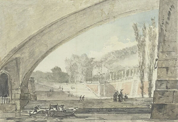 View under a bridge to terraces and a staircase, 1750-1806. Creator: Louis Gabriel Moreau