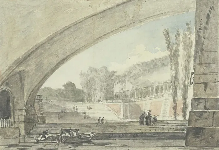 Framed Print : View under a bridge to terraces and a staircase, 1750-1806. Creator: Louis Gabriel Moreau Framed Print : View under a bridge to terraces and a staircase, 1750-1806. Creator: Louis Gabriel Moreau