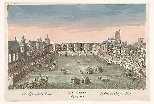 View of the built -up Pont au Change over the Seine River in Paris, 1745-1775. Creator: Anon
